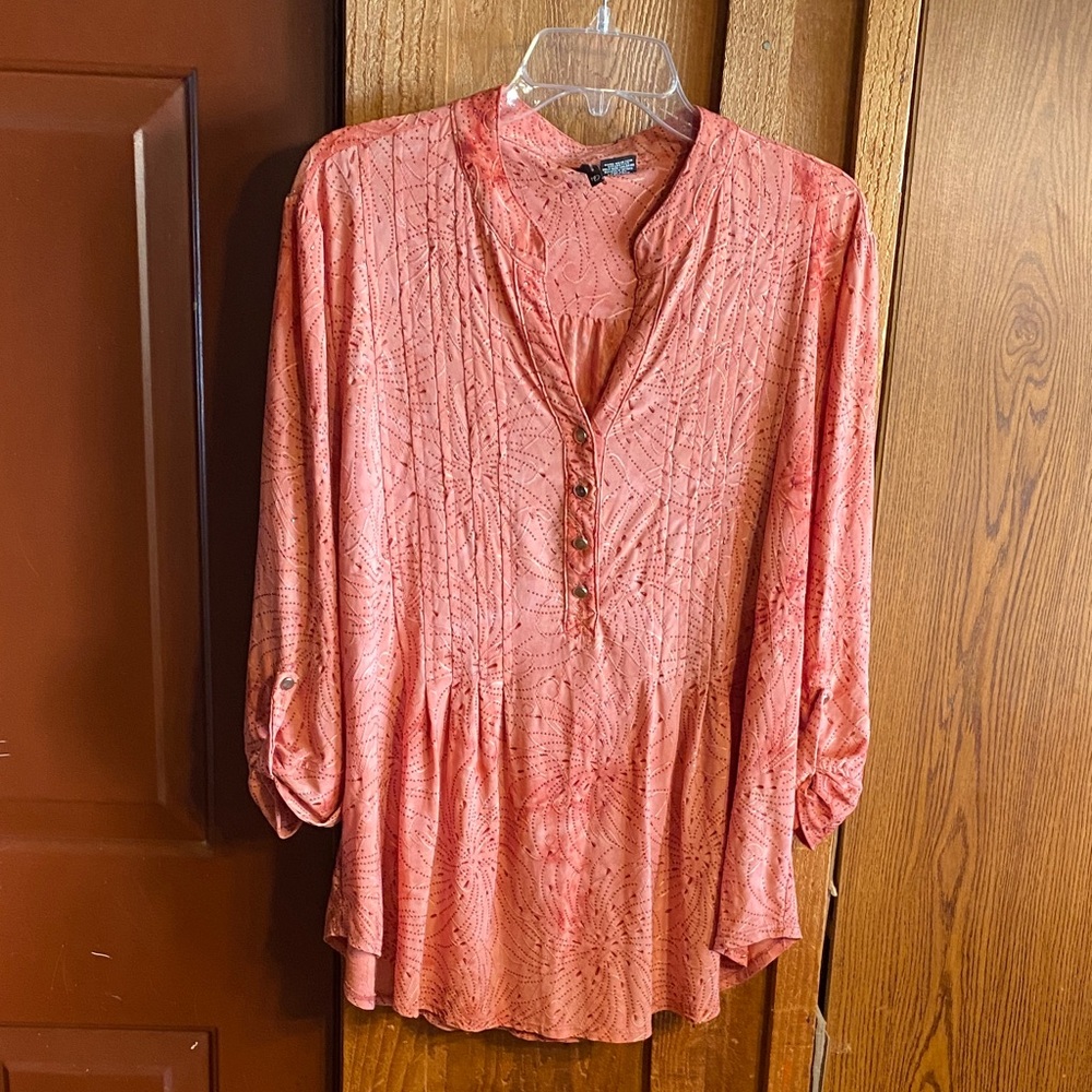 new directions Coral Printed Peasant Blouse with Button Placket
